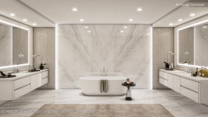 Bathroom, Dual Sink Vanities, Free Standing Baths, Interior, Marble, Marble Walls, Recessed Lighting