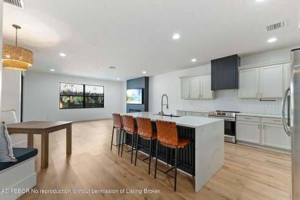 Chandelier, Interior, Kitchen, Recessed Lighting, Stainless Steel Appliances, Wood Texture Flooring