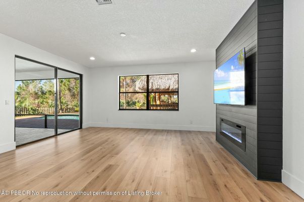 Empty room, Fireplace, Interior, Recessed Lighting, Wood Texture Flooring