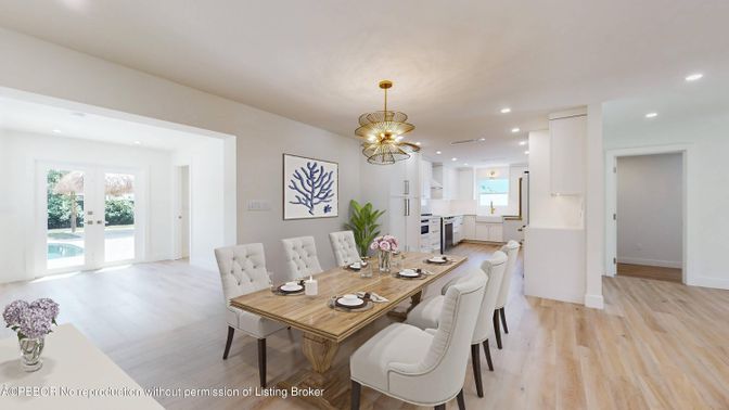 Dining room, Interior, Kitchen, Pendant Lights, Recessed Lighting, Wood Texture Flooring