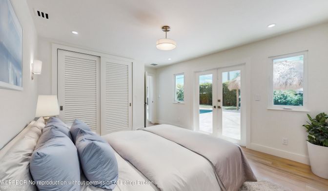 Bedroom, Interior, Pendant Lights, Recessed Lighting, Wood Texture Flooring