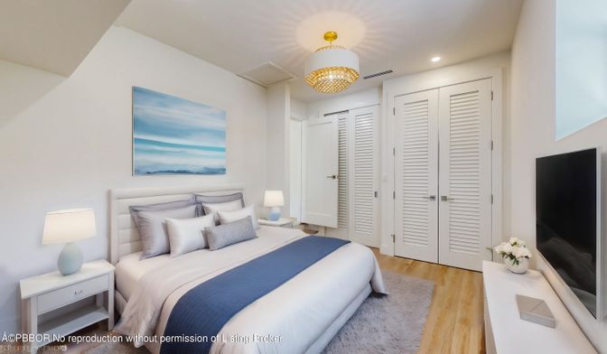 Bedroom, Chandelier, Interior, Recessed Lighting, Wood Texture Flooring