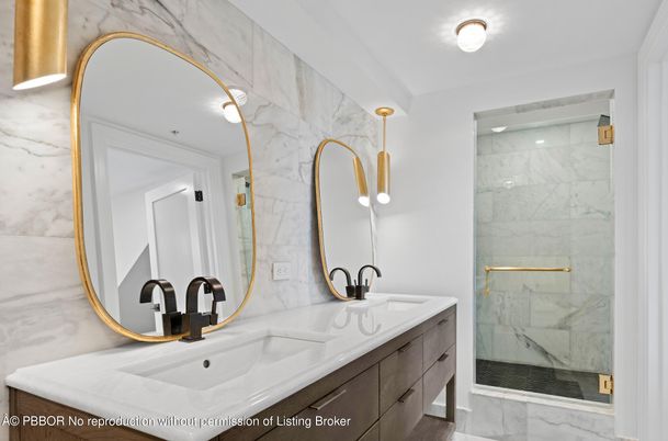 Bathroom, Dual Sink Vanities, Glass Shower, Interior, Marble, Marble Walls