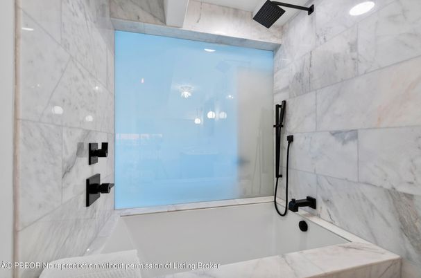Bathroom, Glass Shower, Interior, Marble Walls, Recessed Lighting