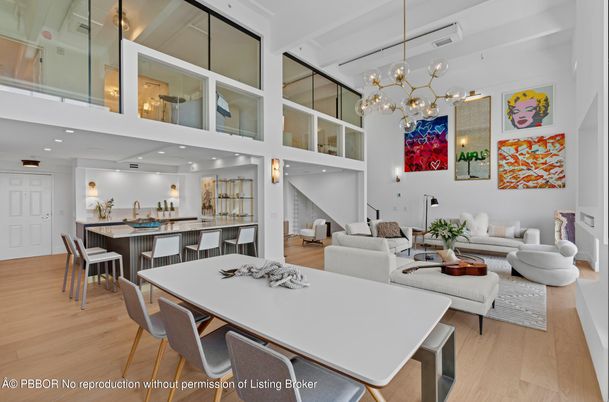 Dining room, Interior, Living room, Pendant Lights, Recessed Lighting, Wood Texture Flooring