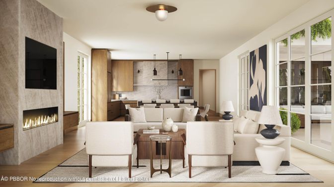 Dining room, Fireplace, Interior, Kitchen, Living room, Pendant Lights, Wood Texture Flooring