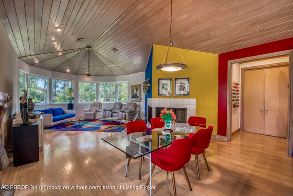 Dining room, Fireplace, Interior, Living room, Pendant Lights, Recessed Lighting, Wooden Ceilings, Wood Texture Flooring