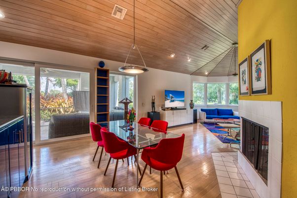 Dining room, Fireplace, Interior, Living room, Pendant Lights, Recessed Lighting, Wooden Ceilings, Wood Texture Flooring