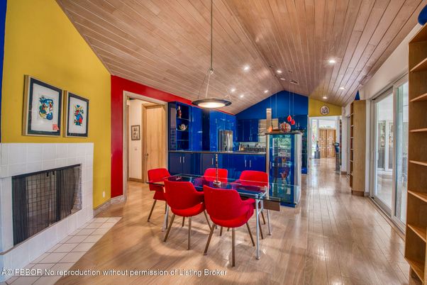 Dining room, Fireplace, Interior, Pendant Lights, Recessed Lighting, Wooden Ceilings, Wood Texture Flooring