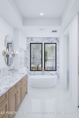 Bathroom, Dual Sink Vanities, Free Standing Baths, Interior, Marble, Marble Walls, Recessed Lighting