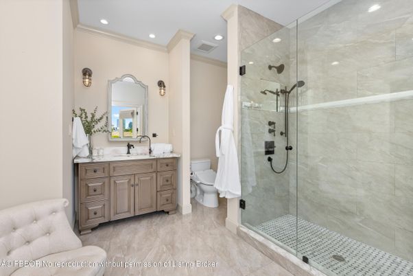 Bathroom, Glass Shower, Interior, Marble Walls, Recessed Lighting