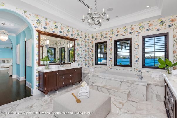 Bathroom, Dual Sink Vanities, Interior, Marble, Pendant Lights, Recessed Lighting