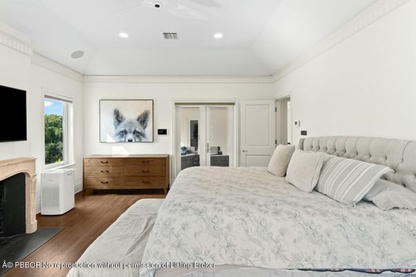 Bedroom, Fireplace, Interior, Recessed Lighting, Wood Texture Flooring