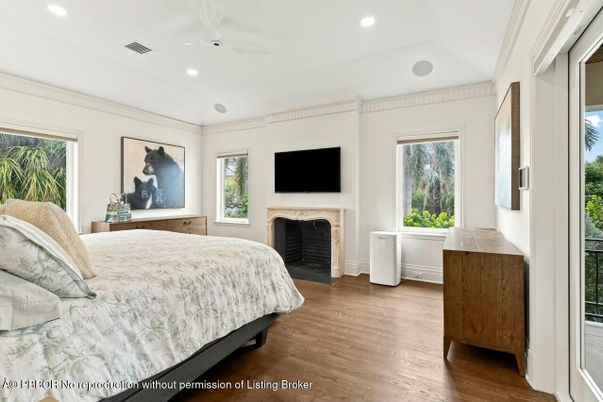 Bedroom, Fireplace, Interior, Recessed Lighting, Wood Texture Flooring