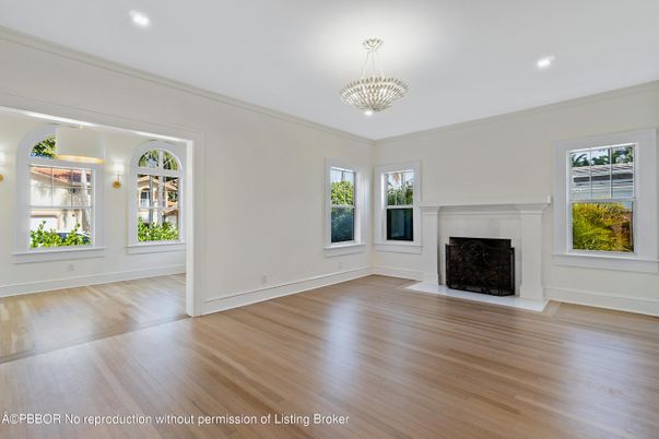 Chandelier, Empty room, Fireplace, Interior, Recessed Lighting, Wood Texture Flooring