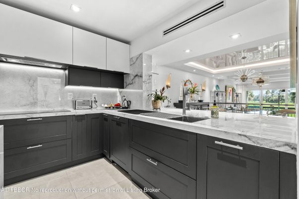 Interior, Kitchen, Marble Walls, Recessed Lighting, Stainless Steel Appliances