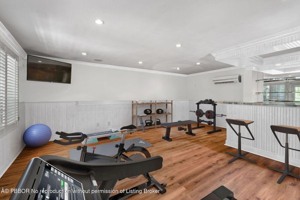 Fitness Equipment, Game Room, Interior, Recessed Lighting, Wood Texture Flooring