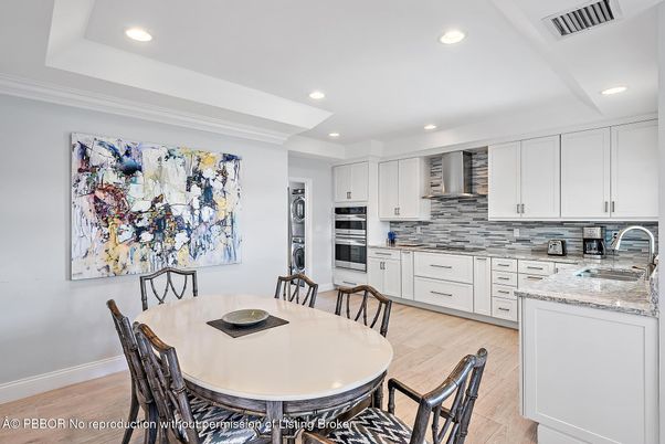 Dining room, Interior, Kitchen, Recessed Lighting, Stainless Steel Appliances, Wood Texture Flooring
