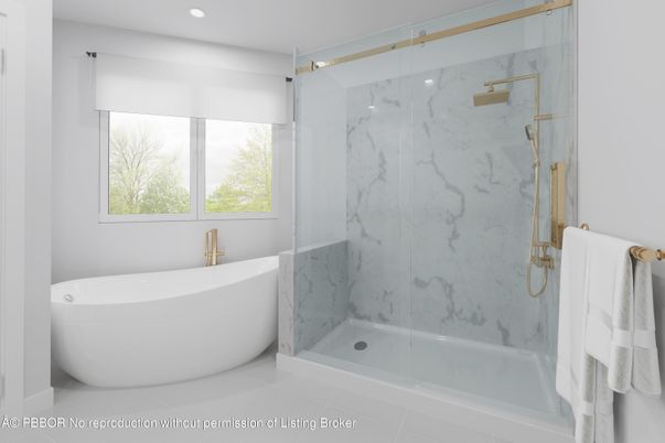 Bathroom, Free Standing Baths, Glass Shower, Interior, Marble Walls, Recessed Lighting
