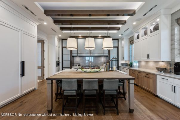 Interior, Kitchen, Pendant Lights, Recessed Lighting, Stainless Steel Appliances, Wooden Beams, Wood Texture Flooring