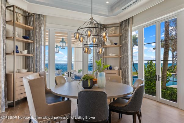 Dining room, Interior, Pendant Lights, Recessed Lighting, Water, Wood Texture Flooring