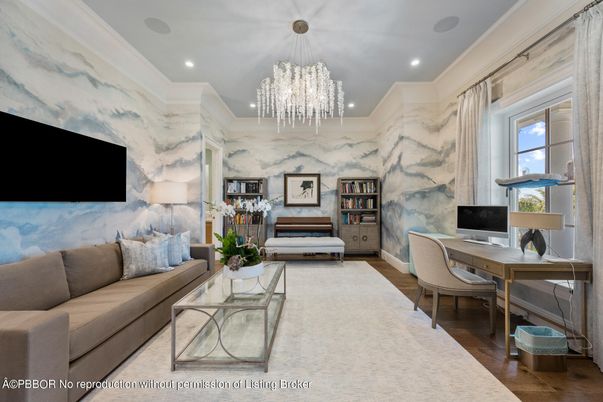 Chandelier, Home Office, Interior, Marble Walls, Recessed Lighting, Wood Texture Flooring