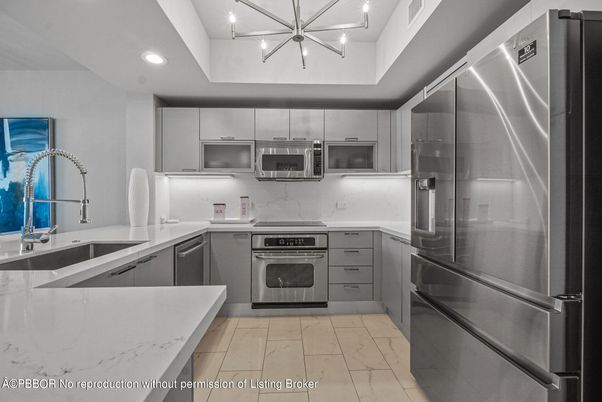 Interior, Kitchen, Marble, Pendant Lights, Recessed Lighting, Stainless Steel Appliances