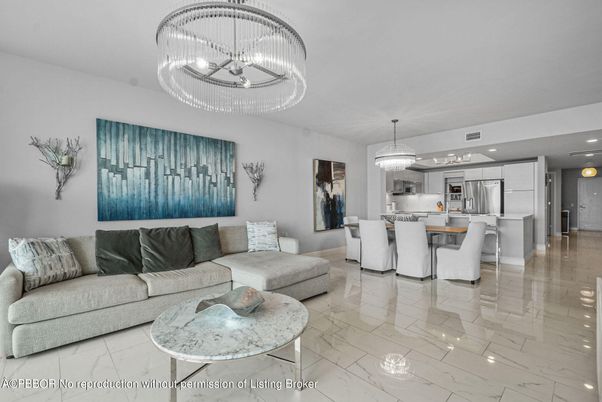 Chandelier, Dining room, Interior, Kitchen, Living room, Marble, Pendant Lights, Recessed Lighting, Stainless Steel Appliances