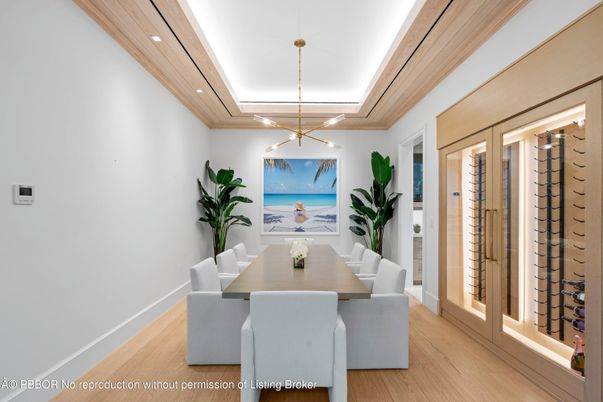Dining room, Interior, Pendant Lights, Recessed Lighting, Wine Storage, Wood Texture Flooring