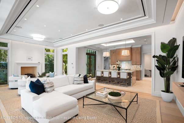 Fireplace, Interior, Kitchen, Living room, Pendant Lights, Recessed Lighting, Wood Texture Flooring