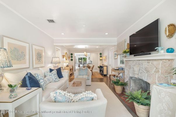 Dining room, Fireplace, Interior, Living room, Recessed Lighting, Wood Texture Flooring