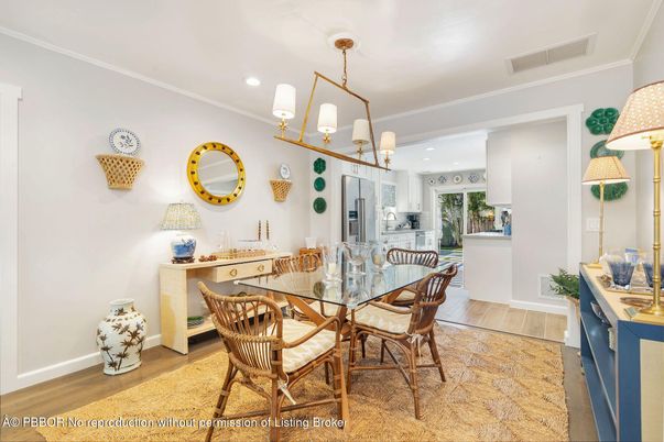 Dining room, Interior, Kitchen, Pendant Lights, Recessed Lighting, Wood Texture Flooring