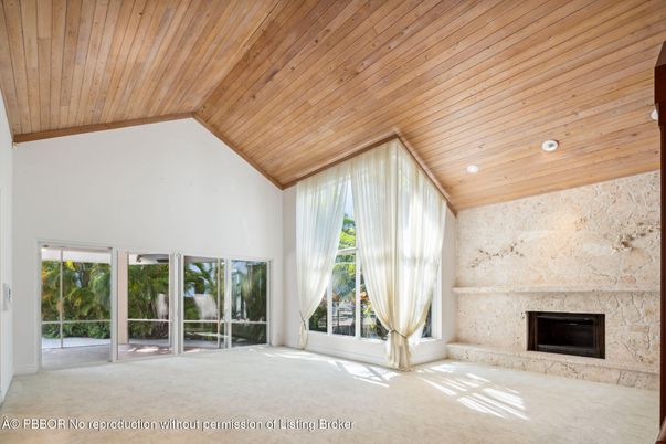 Empty room, Fireplace, Interior, Recessed Lighting, Wooden Ceilings