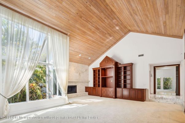 Empty room, Fireplace, Interior, Recessed Lighting, Wooden Ceilings
