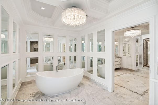 Bathroom, Chandelier, Free Standing Baths, Interior, Marble, Recessed Lighting