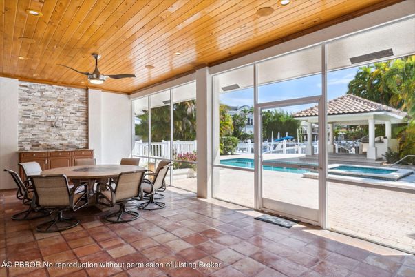 Dining room, Interior, Pool, Recessed Lighting, Stone Walls, Sun Room, Wooden Ceilings