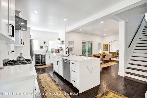 Dining room, Interior, Kitchen, Recessed Lighting, Stainless Steel Appliances, Wood Texture Flooring