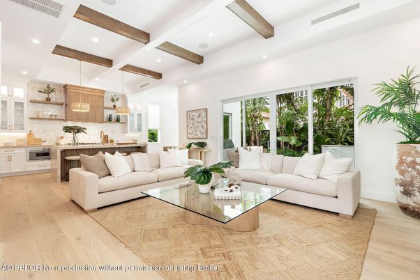 Interior, Kitchen, Living room, Pendant Lights, Recessed Lighting, Stainless Steel Appliances, Wooden Beams, Wood Texture Flooring