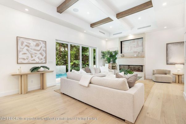 Fireplace, Interior, Living room, Recessed Lighting, Wooden Beams, Wood Texture Flooring