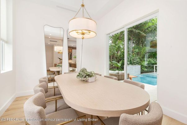 Dining room, Interior, Pendant Lights, Recessed Lighting, Wood Texture Flooring