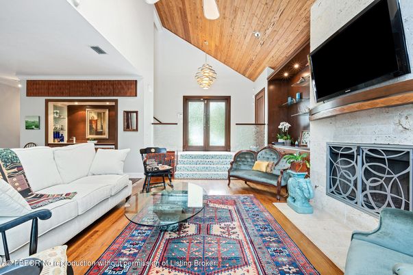 Dining room, Fireplace, Interior, Living room, Pendant Lights, Recessed Lighting, Wooden Ceilings, Wood Texture Flooring