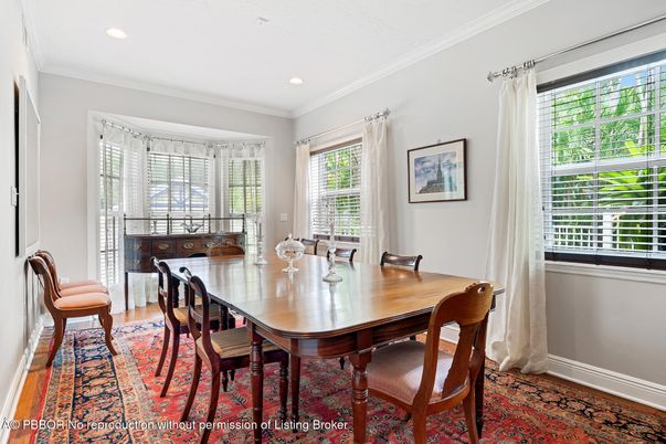 Dining room, Interior, Recessed Lighting, Wood Texture Flooring