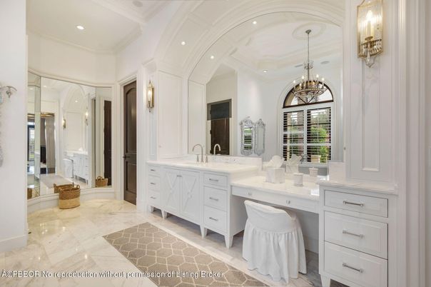 Bathroom, Chandelier, Dual Sink Vanities, Interior, Marble, Pendant Lights, Recessed Lighting