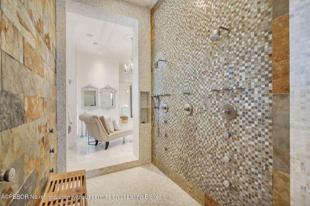 Bathroom, Chandelier, Glass Shower, Interior, Pendant Lights, Recessed Lighting