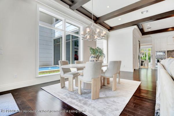 Chandelier, Dining room, Interior, Recessed Lighting, Wooden Beams, Wood Texture Flooring