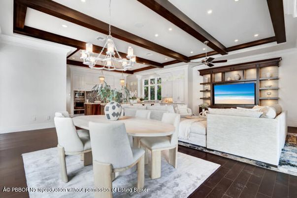 Bedroom, Chandelier, Dining room, Interior, Living room, Pendant Lights, Recessed Lighting, Wooden Beams, Wood Texture Flooring