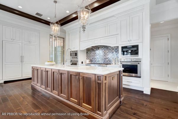 Chandelier, Interior, Kitchen, Pendant Lights, Recessed Lighting, Stainless Steel Appliances, Wood Texture Flooring