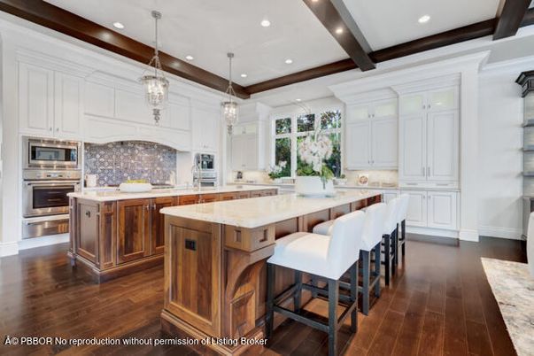 Interior, Kitchen, Pendant Lights, Recessed Lighting, Stainless Steel Appliances, Wooden Beams, Wood Texture Flooring
