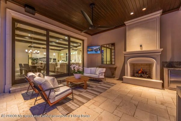 Chandelier, Dining room, Fireplace, Interior, Living room, Recessed Lighting, Wooden Ceilings