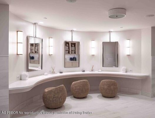 Bathroom, Dual Sink Vanities, Interior, Recessed Lighting, Wood Texture Flooring
